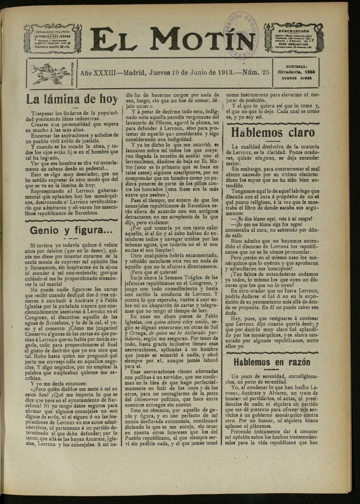 Miniatura de El Motín: periódico satírico semanal del 19 de Junio de 1913