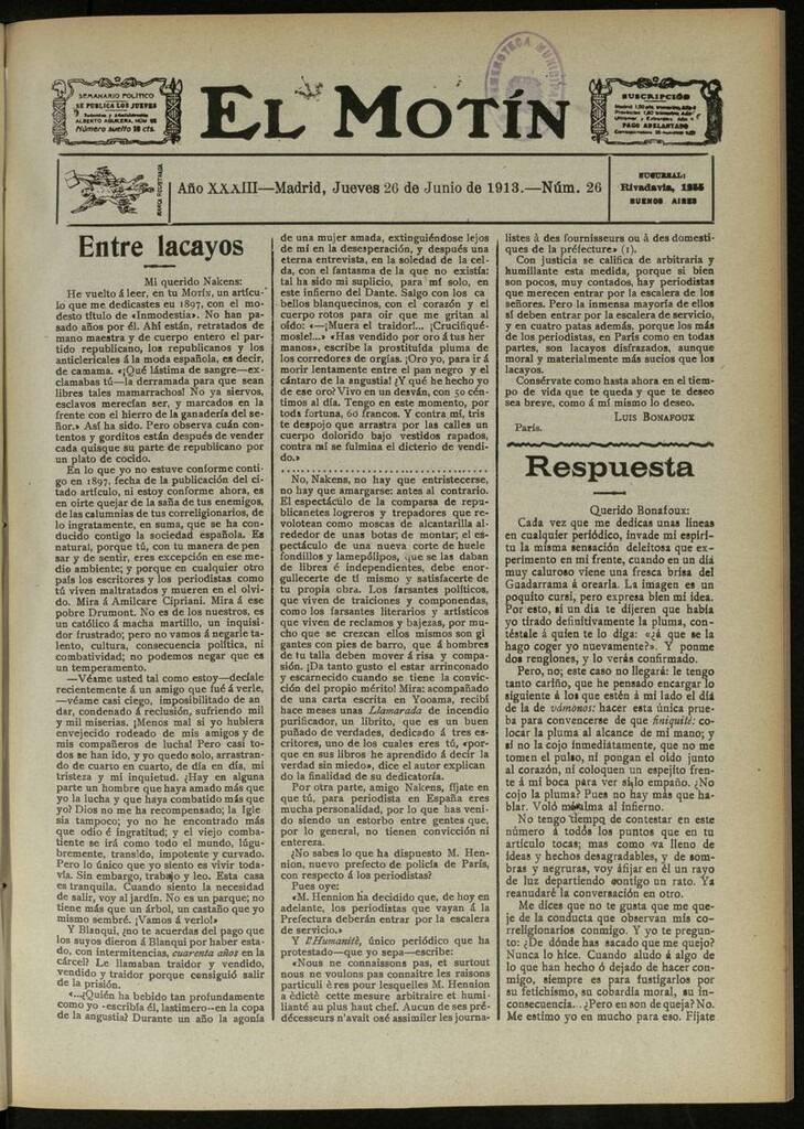 Miniatura de El Motín: periódico satírico semanal del 26 de Junio de 1913