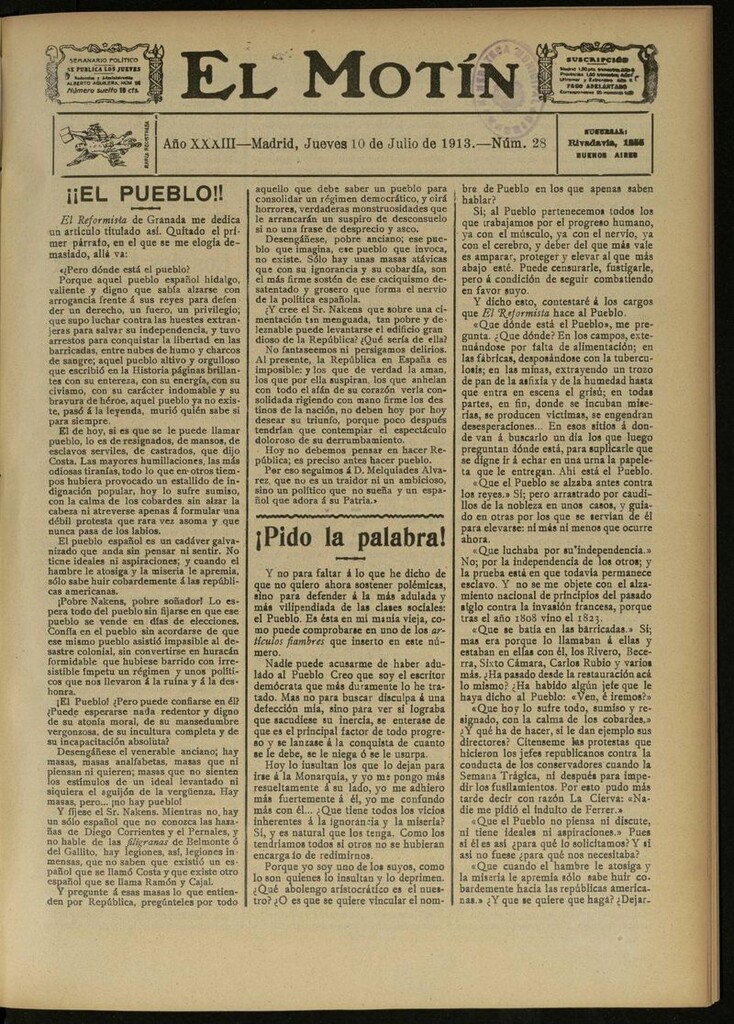 Miniatura de El Motín: periódico satírico semanal del 10 de Julio de 1913