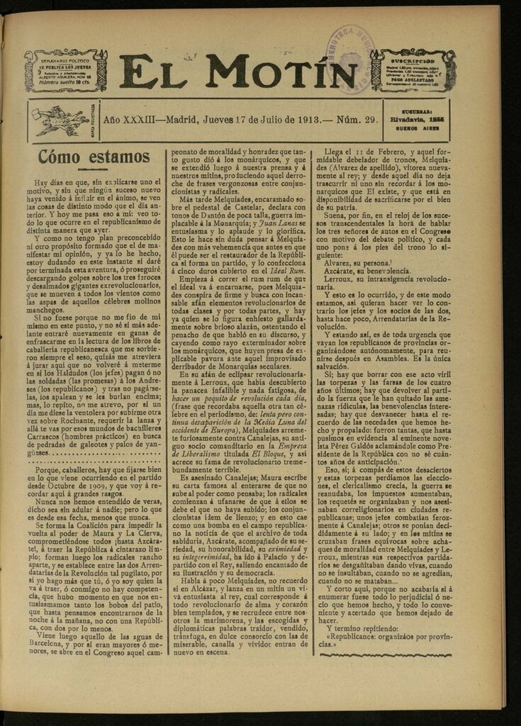 Miniatura de El Motín: periódico satírico semanal del 17 de Julio de 1913