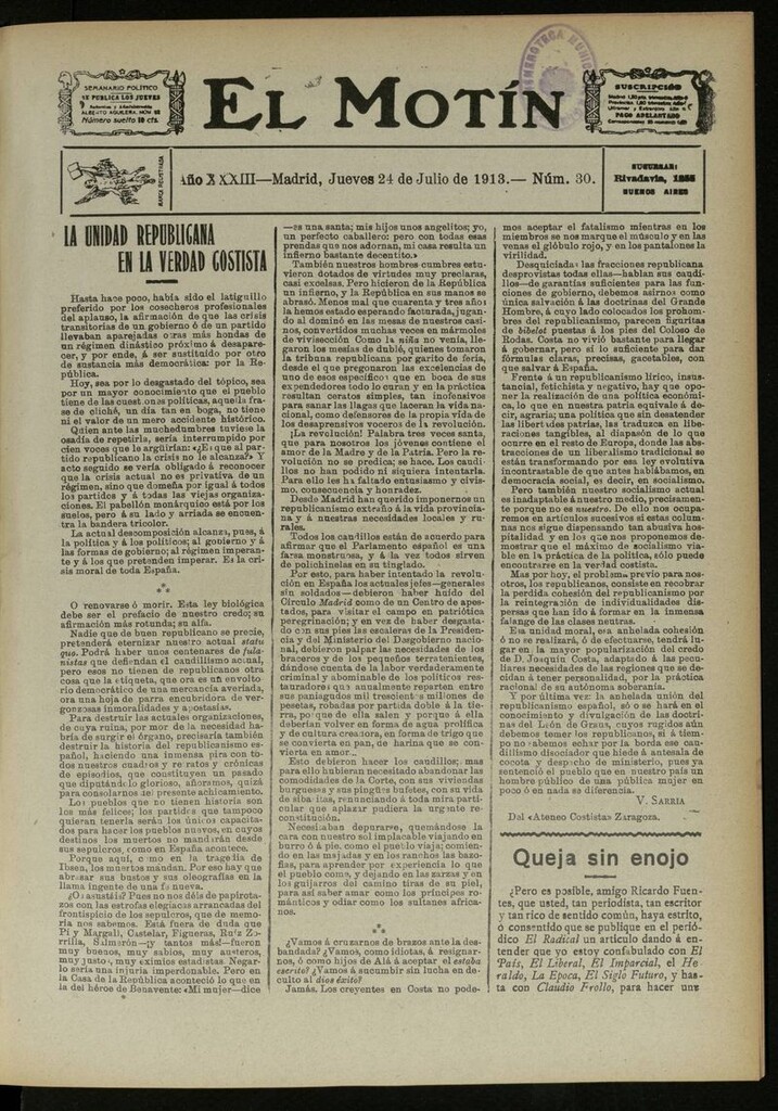 Miniatura de El Motín: periódico satírico semanal del 24 de Julio de 1913
