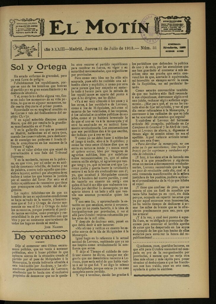 Miniatura de El Motín: periódico satírico semanal del 31 de Julio de 1913