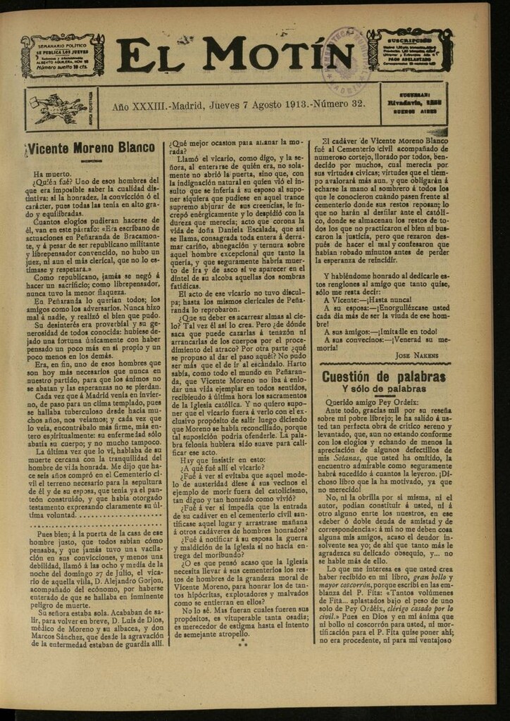 Miniatura de El Motín: periódico satírico semanal del 7 de Agosto de 1913
