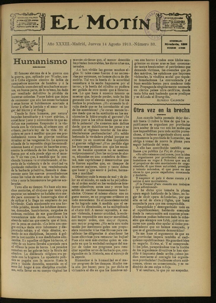 Miniatura de El Motín: periódico satírico semanal del 14 de Agosto de 1913