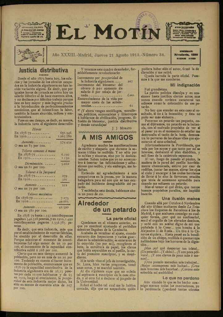 Miniatura de El Motín: periódico satírico semanal del 21 de Agosto de 1913