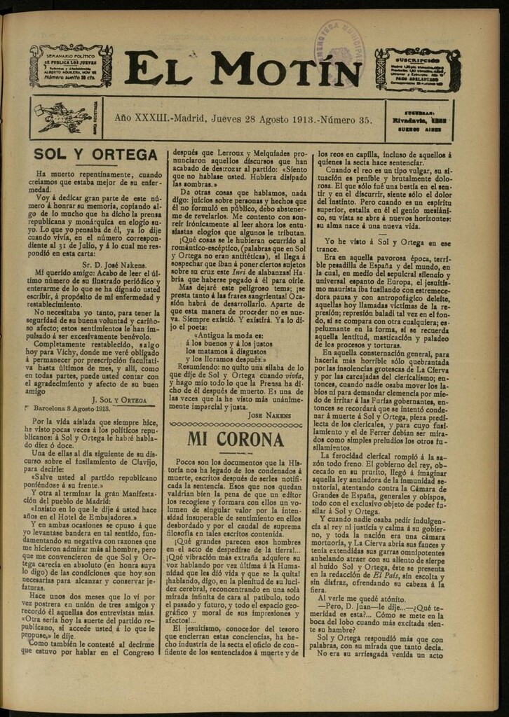 Miniatura de El Motín: periódico satírico semanal del 28 de Agosto de 1913