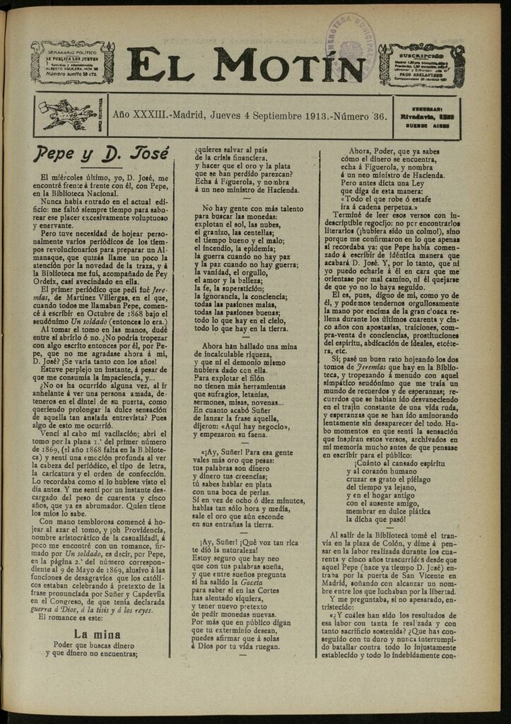 Miniatura de El Motín: periódico satírico semanal del 4 de Septiembre de 1913