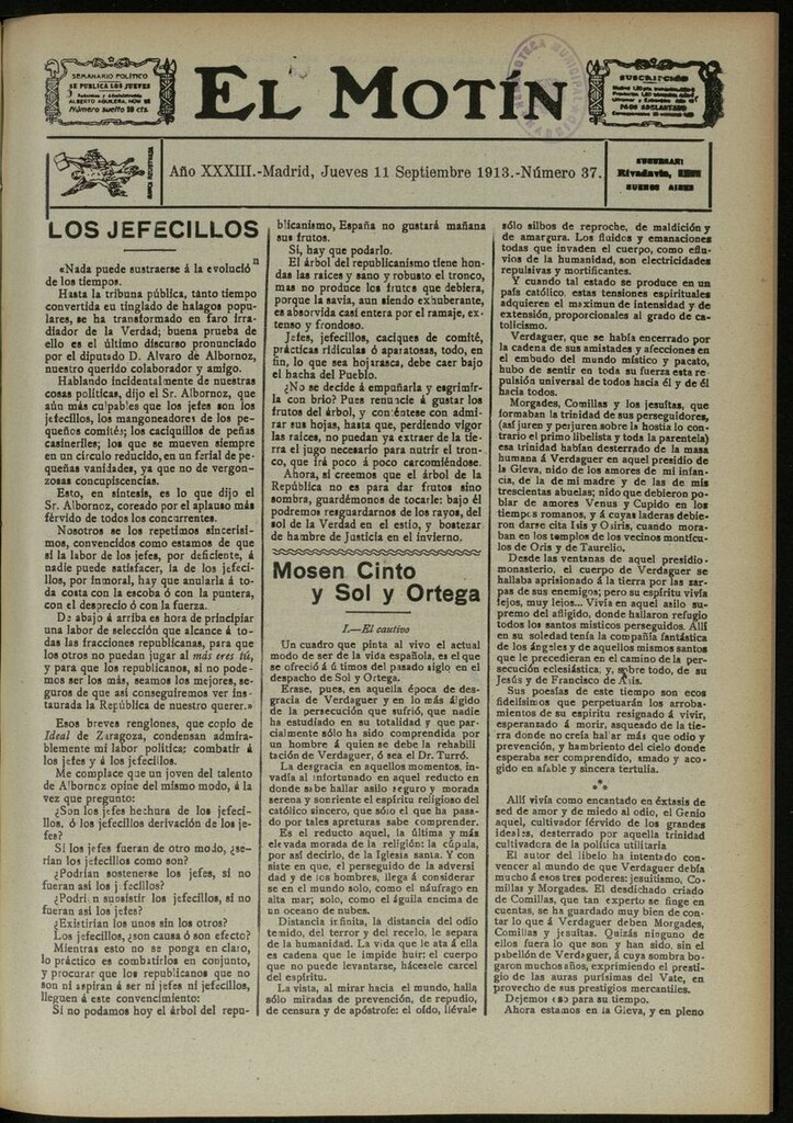 Miniatura de El Motín: periódico satírico semanal del 11 de Septiembre de 1913