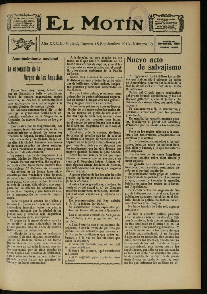 Miniatura de El Motín: periódico satírico semanal del 18 de Septiembre de 1913