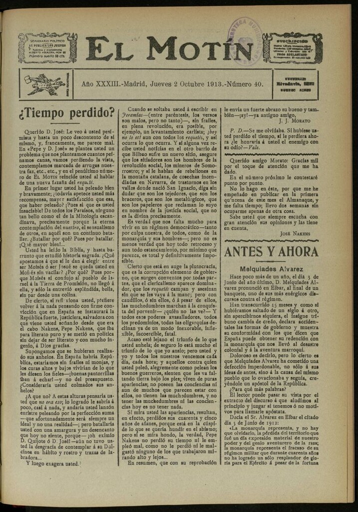 Miniatura de El Motín: periódico satírico semanal del 2 de Octubre de 1913