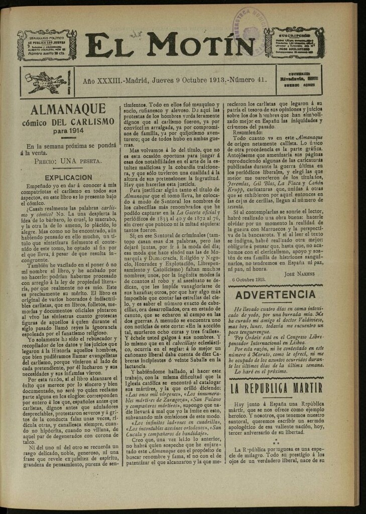Miniatura de El Motín: periódico satírico semanal del 9 de Octubre de 1913