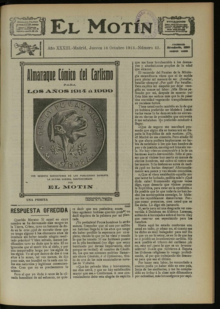 Miniatura de El Motín: periódico satírico semanal del 16 de Octubre de 1913