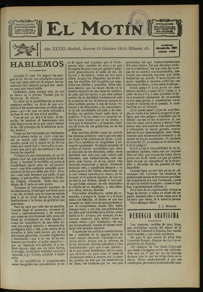 Miniatura de El Motín: periódico satírico semanal del 23 de Octubre de 1913