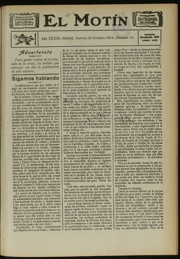 Miniatura de El Motín: periódico satírico semanal del 30 de Octubre de 1913