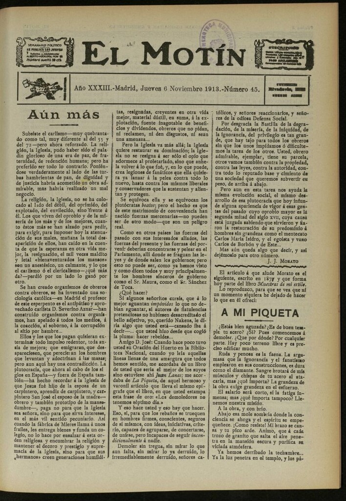 Miniatura de El Motín: periódico satírico semanal del 6 de Noviembre de 1913