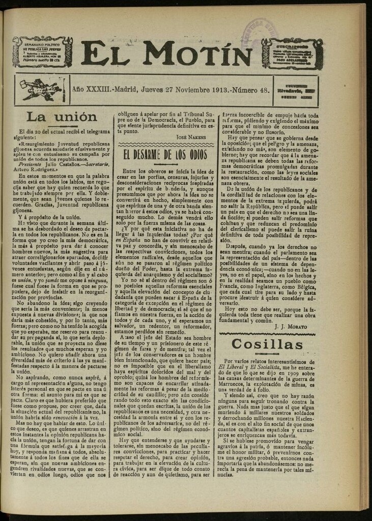 Miniatura de El Motín: periódico satírico semanal del 27 de Noviembre de 1913