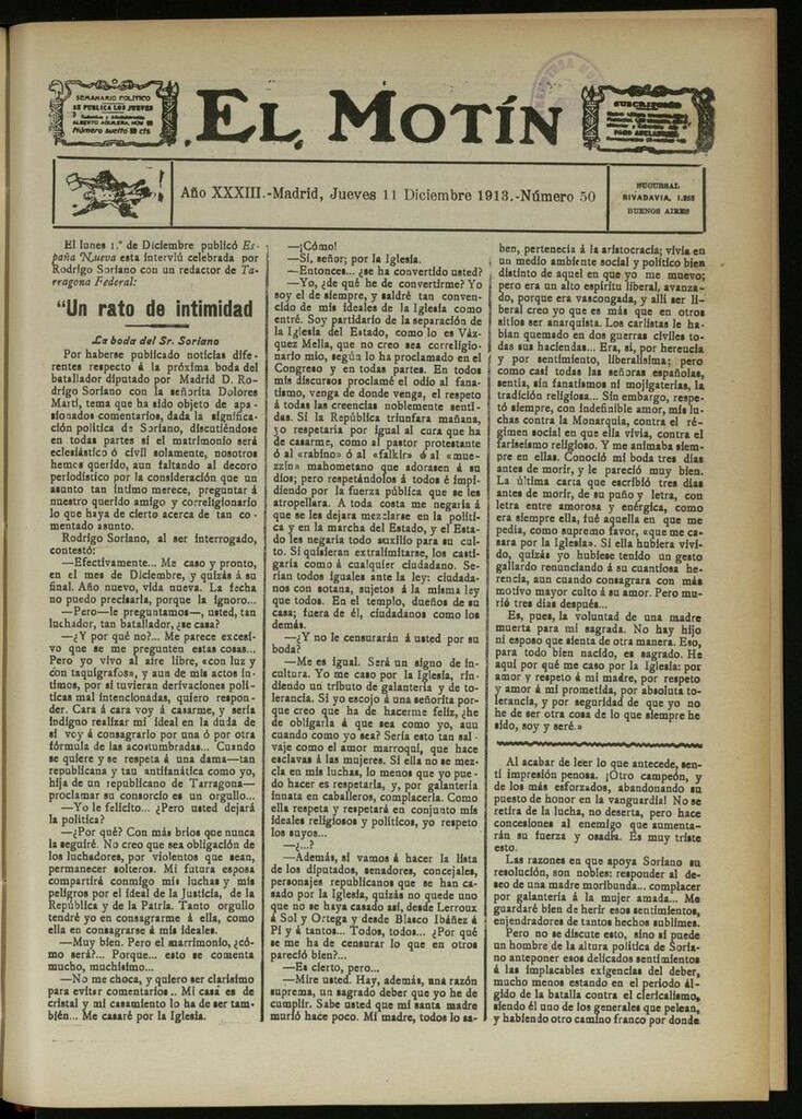 Miniatura de El Motín: periódico satírico semanal del 11 de Diciembre de 1913