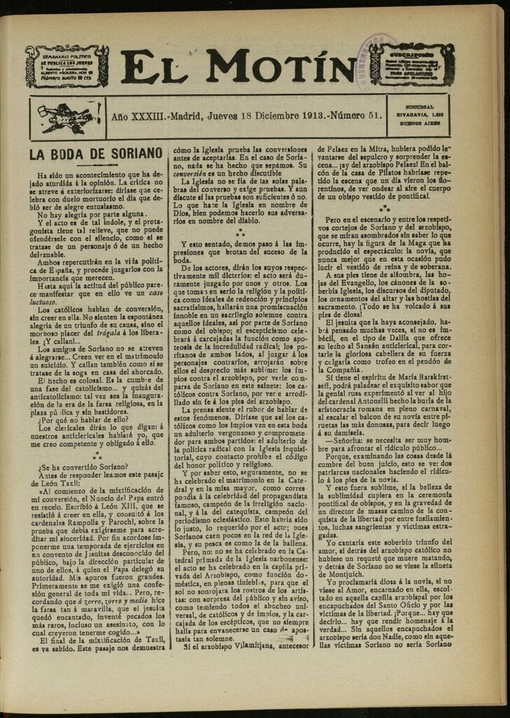Miniatura de El Motín: periódico satírico semanal del 18 de Diciembre de 1913