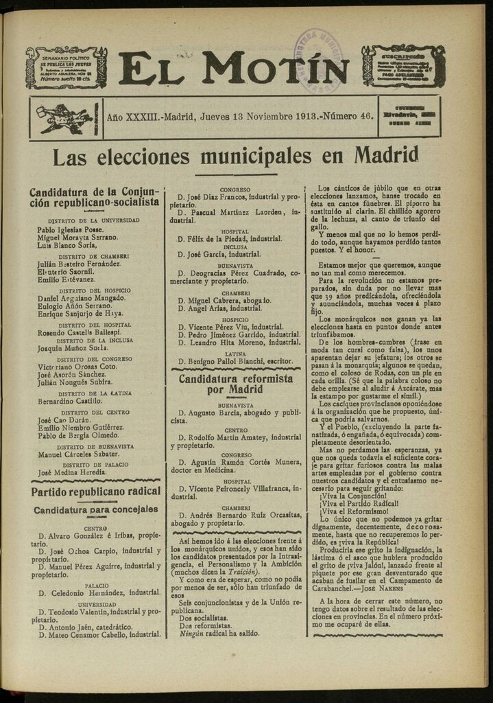 Miniatura de El Motín: periódico satírico semanal del 13 de Noviembre de 1913