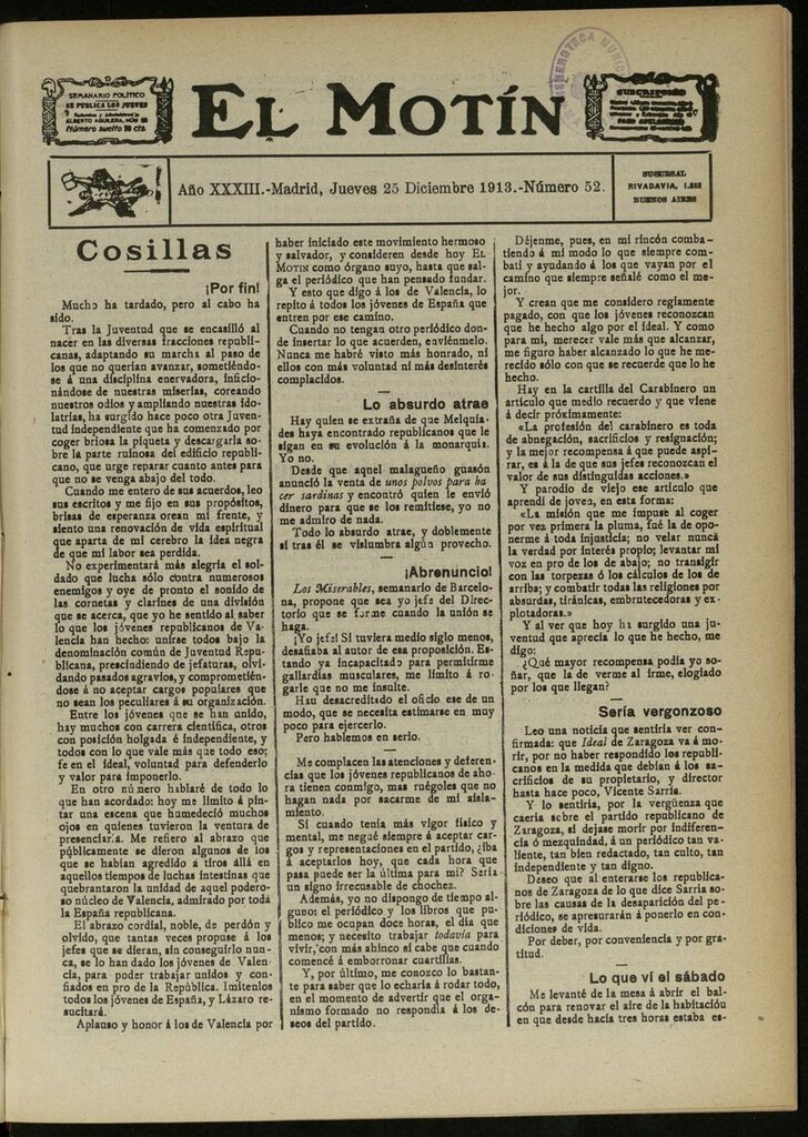 Miniatura de El Motín: periódico satírico semanal del 25 de Diciembre de 1913