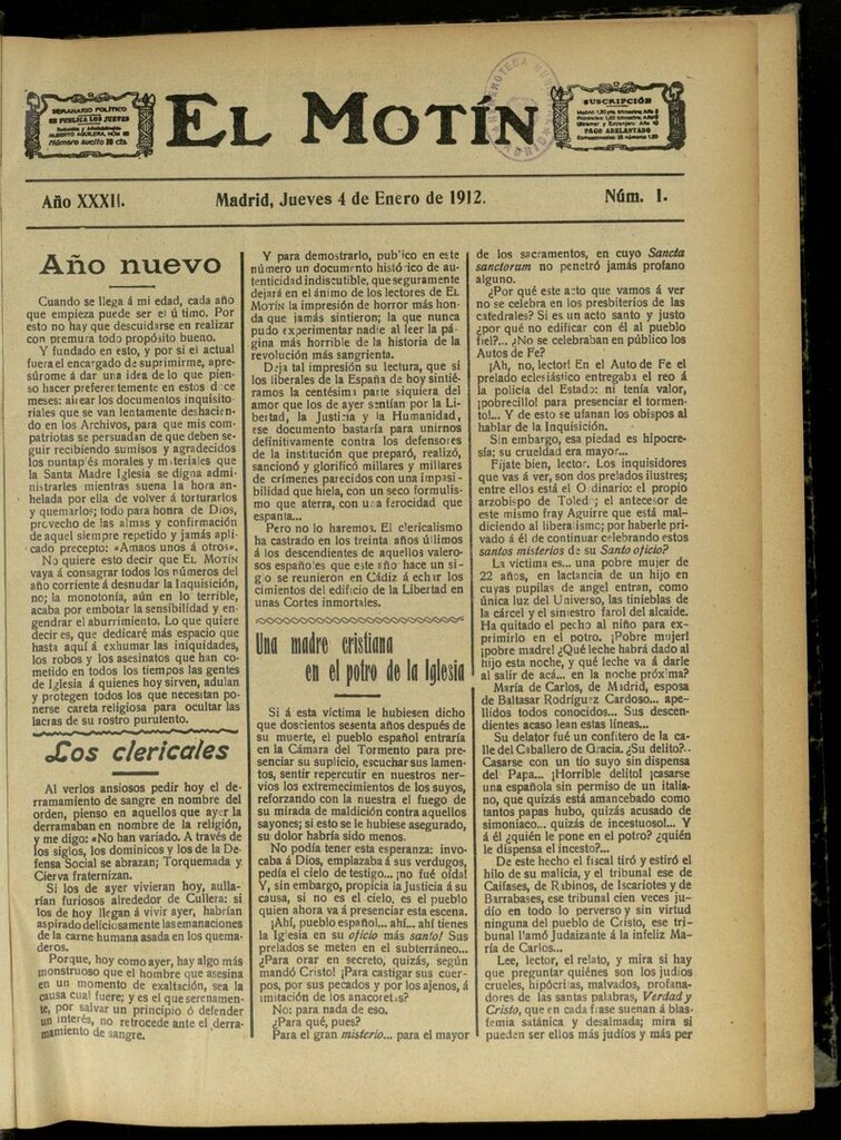 Miniatura de El Motín: periódico satírico semanal del 4 de Enero de 1912