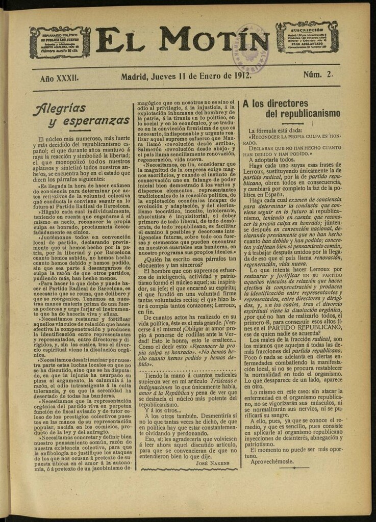 Miniatura de El Motín: periódico satírico semanal del 11 de Enero de 1912
