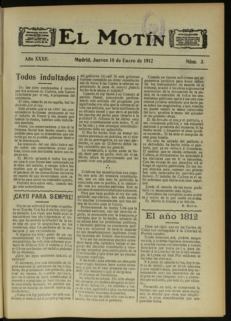Miniatura de El Motín: periódico satírico semanal del 18 de Enero de 1912