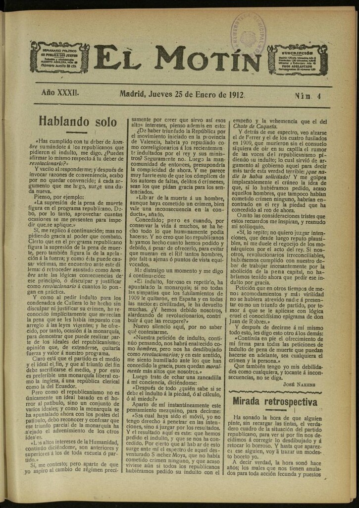 Miniatura de El Motín: periódico satírico semanal del 25 de Enero de 1912