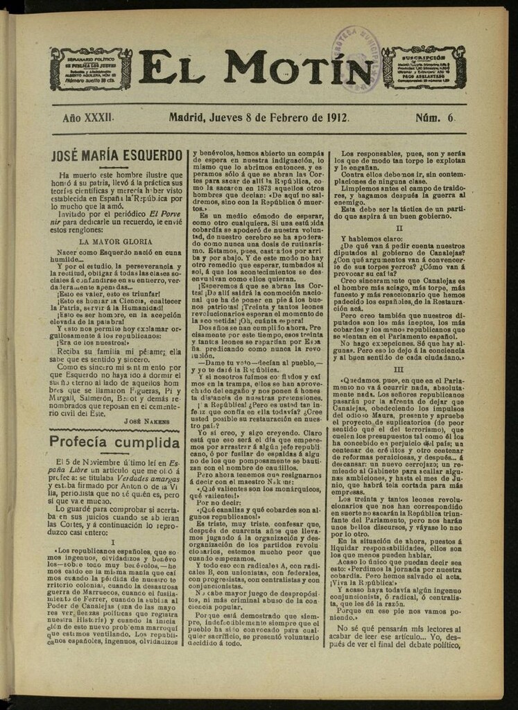 Miniatura de El Motín: periódico satírico semanal del 8 de Febrero de 1912