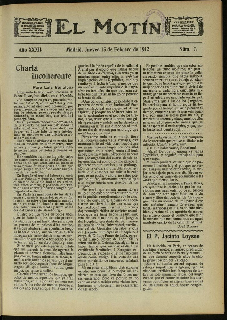 Miniatura de El Motín: periódico satírico semanal del 15 de Febrero de 1912