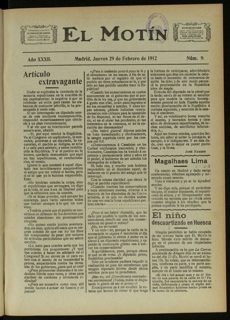 Miniatura de El Motín: periódico satírico semanal del 29 de Febrero de 1912