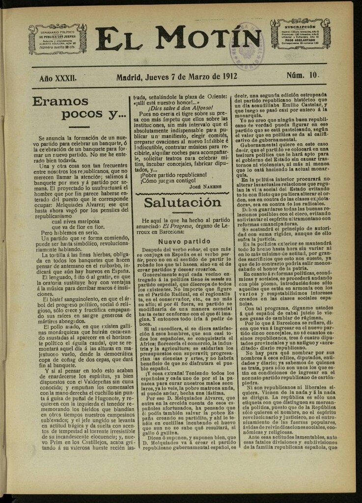 Miniatura de El Motín: periódico satírico semanal del 7 de Marzo de 1912