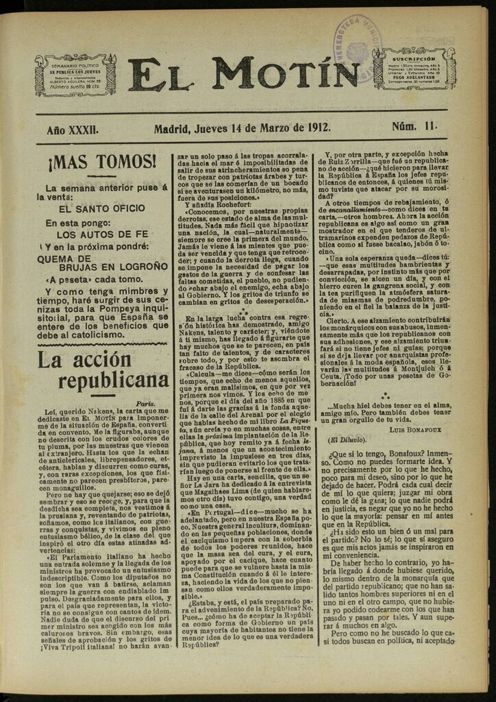 Miniatura de El Motín: periódico satírico semanal del 14 de Marzo de 1912