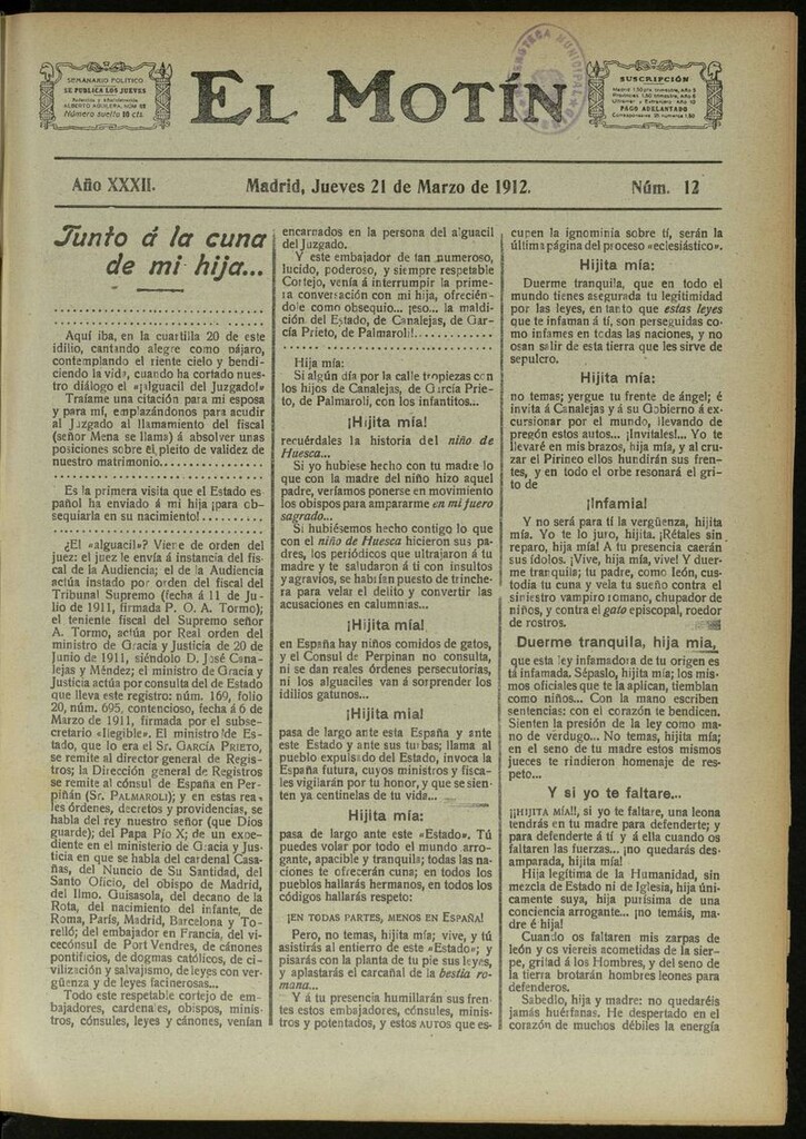 Miniatura de El Motín: periódico satírico semanal del 21 de Marzo de 1912
