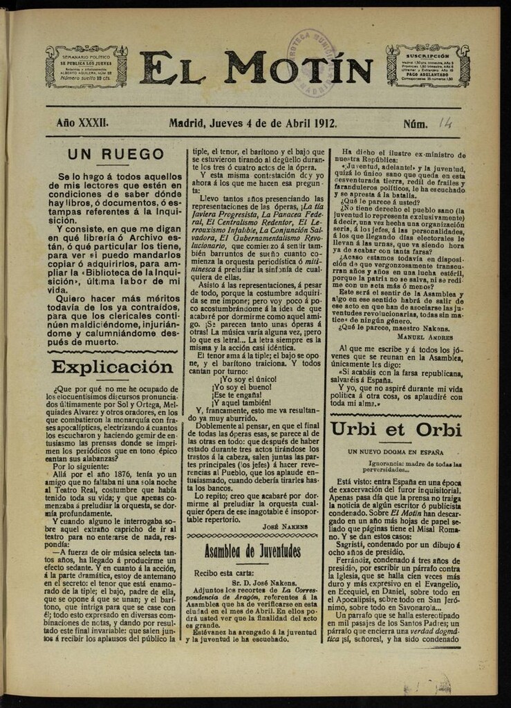 Miniatura de El Motín: periódico satírico semanal del 4 de Abril de 1912