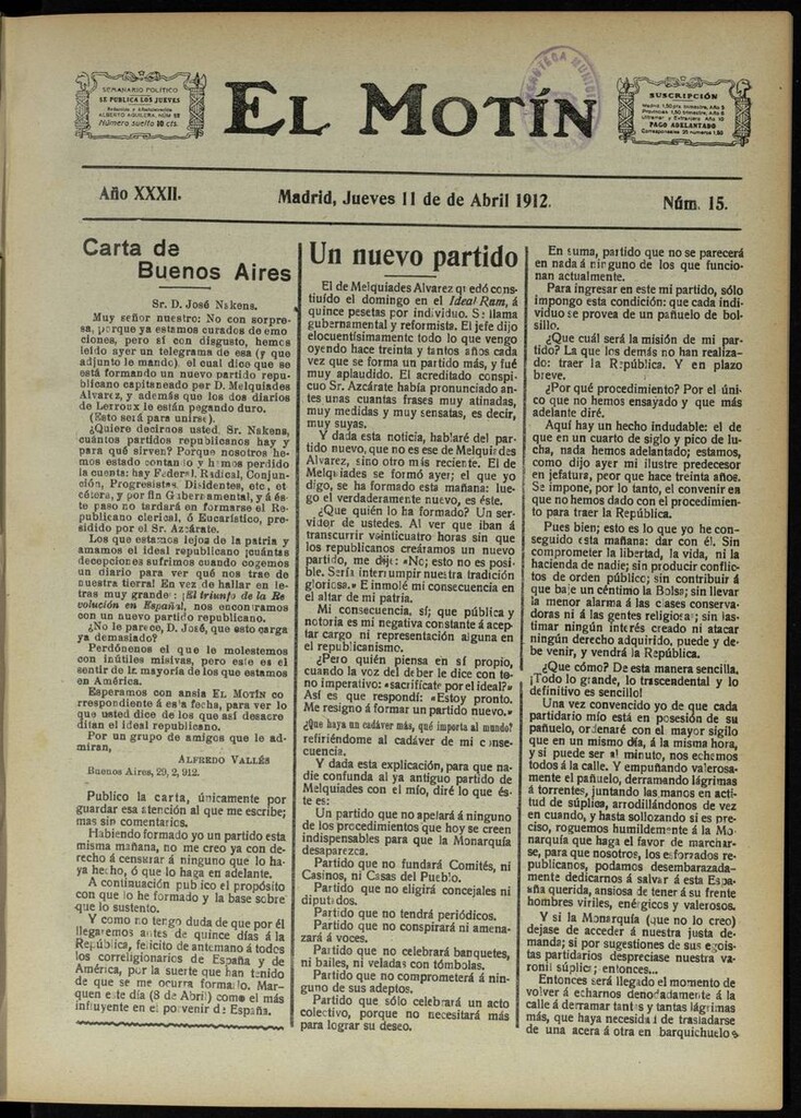 Miniatura de El Motín: periódico satírico semanal del 11 de Abril de 1912
