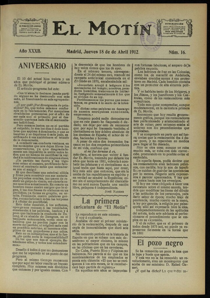 Miniatura de El Motín: periódico satírico semanal del 25 de Abril de 1912