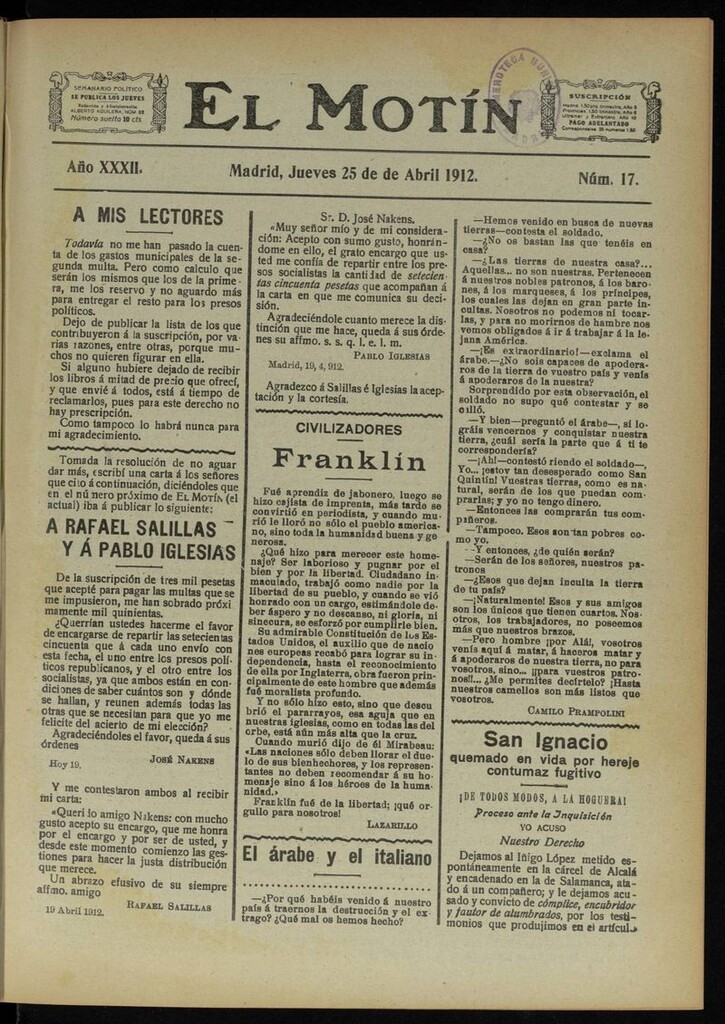 Miniatura de El Motín: periódico satírico semanal del 2 de Mayo de 1912
