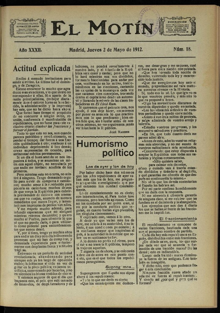 Miniatura de El Motín: periódico satírico semanal del 9 de Mayo de 1912