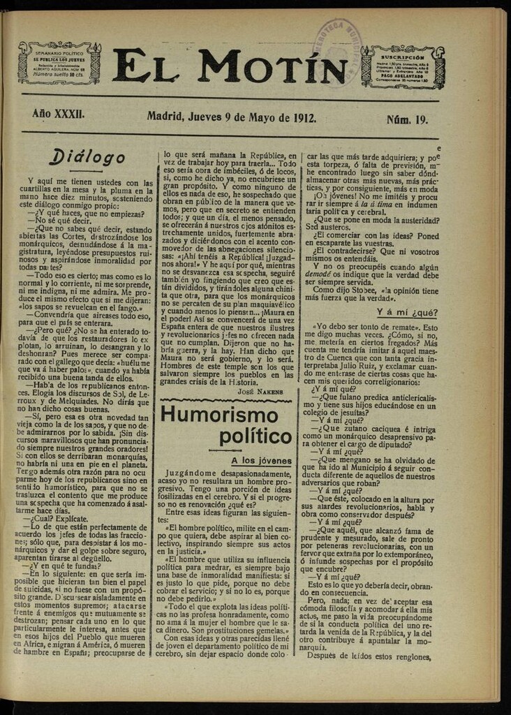 Miniatura de El Motín: periódico satírico semanal del 9 de Mayo de 1912