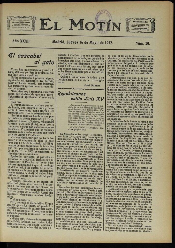 Miniatura de El Motín: periódico satírico semanal del 16 de Mayo de 1912
