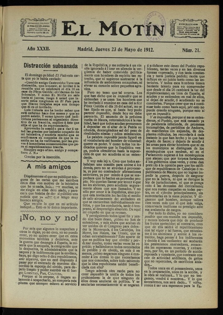 Miniatura de El Motín: periódico satírico semanal del 23 de Mayo de 1912