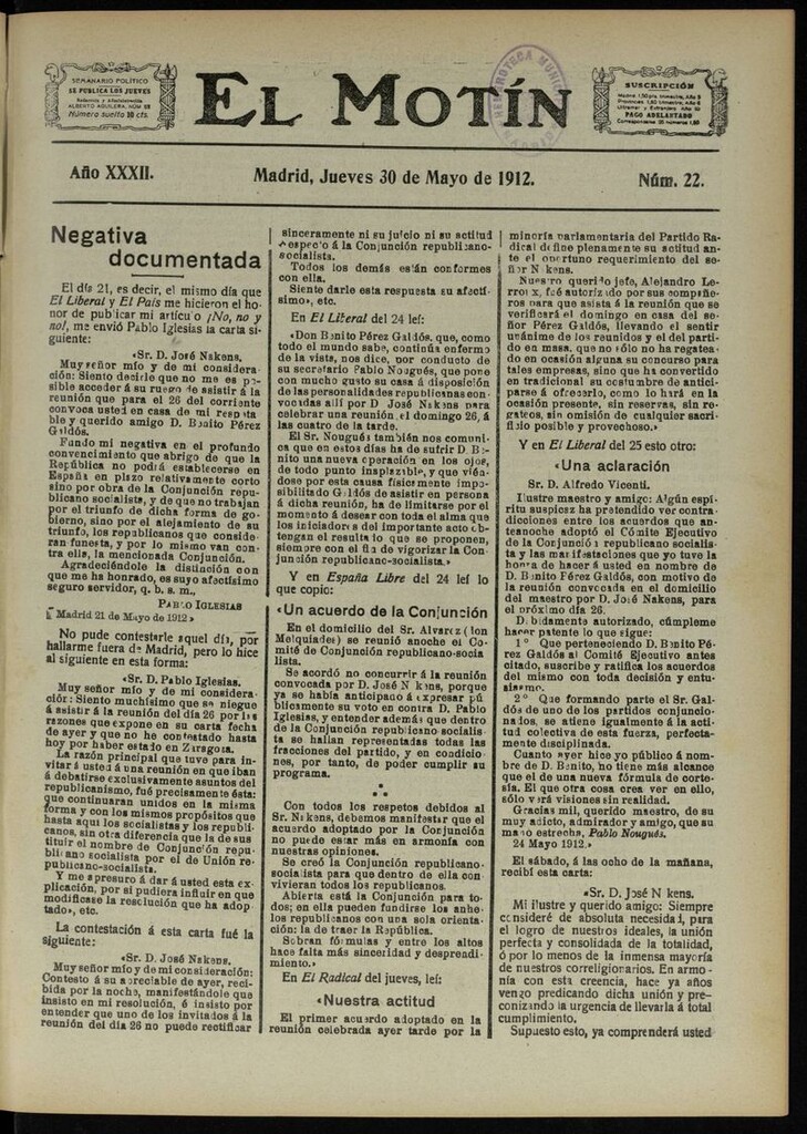 Miniatura de El Motín: periódico satírico semanal del 30 de Mayo de 1912