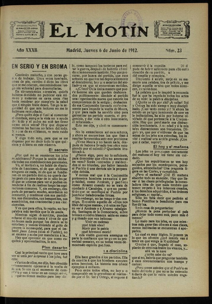 Miniatura de El Motín: periódico satírico semanal del 6 de Junio de 1912