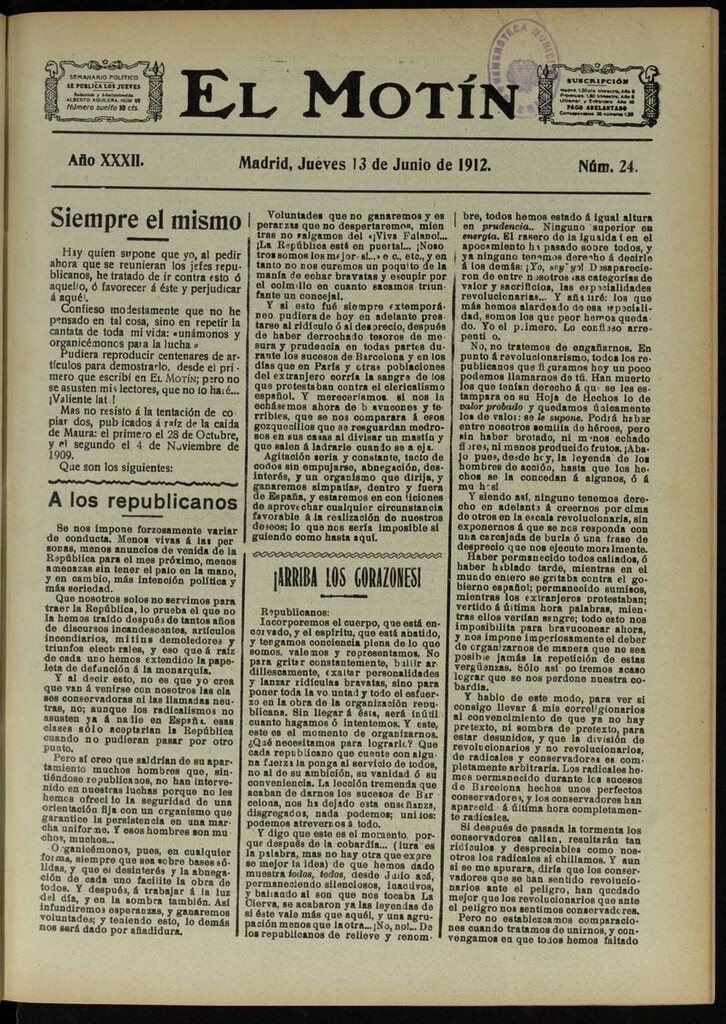 Miniatura de El Motín: periódico satírico semanal del 13 de Junio de 1912
