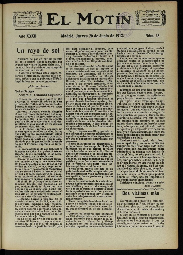 Miniatura de El Motín: periódico satírico semanal del 20 de Junio de 1912