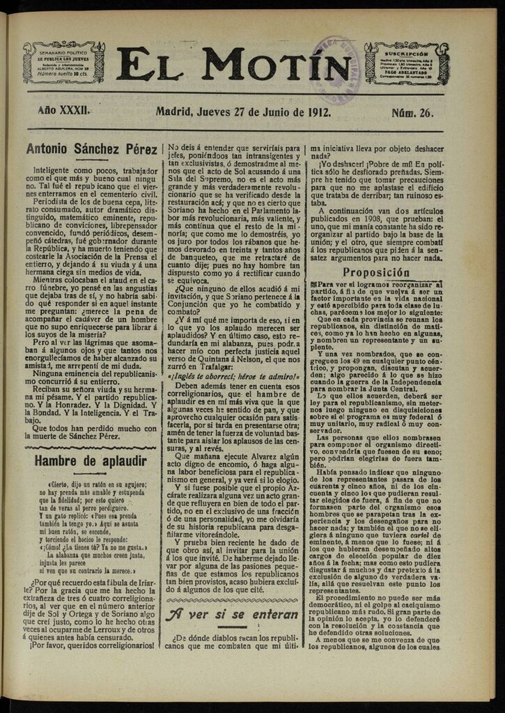 Miniatura de El Motín: periódico satírico semanal del 27 de Junio de 1912