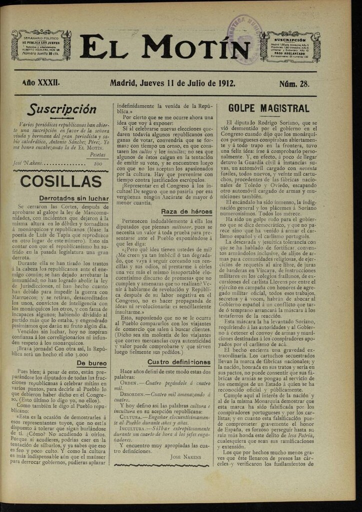 Miniatura de El Motín: periódico satírico semanal del 11 de Julio de 1912