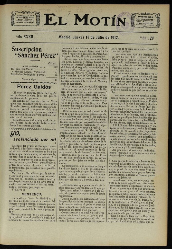 Miniatura de El Motín: periódico satírico semanal del 18 de Julio de 1912