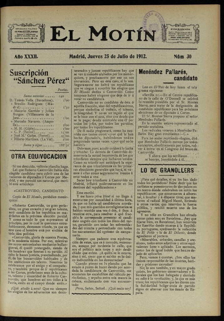 Miniatura de El Motín: periódico satírico semanal del 25 de Julio de 1912